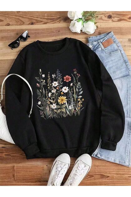 Flower Deck Printed Girls Winter Children's Sweatshirt Black
