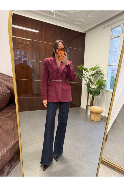 Bordo Çizgili Kemerli Blazer Ceket