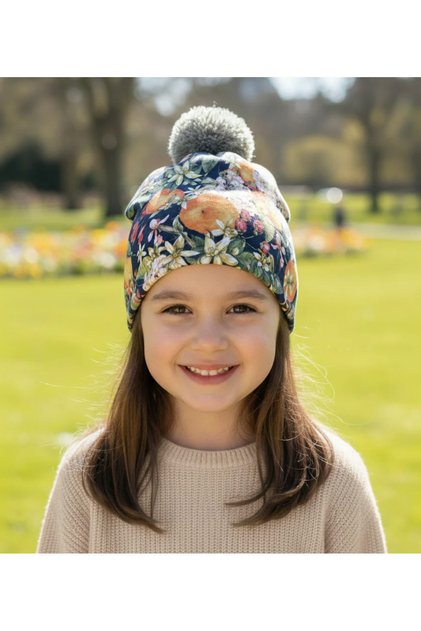 Orange Patterned Mint Pompom Double Layer Combed Cotton Beret