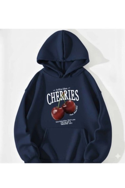 سويت شيرت للجنسين للرجال/النساء من CHERRIES مطبوع قطن قصة فضفاضة بغطاء رأس أزرق داكن