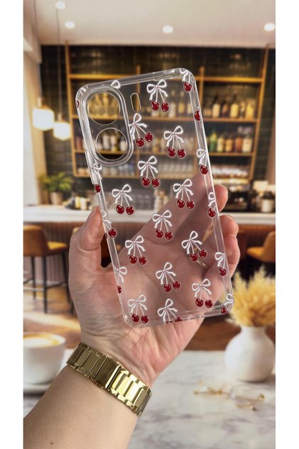 Redmi 13C Compatible Cherry Pattern Transparent Shock-Absorbing Camera Protected Clear Case