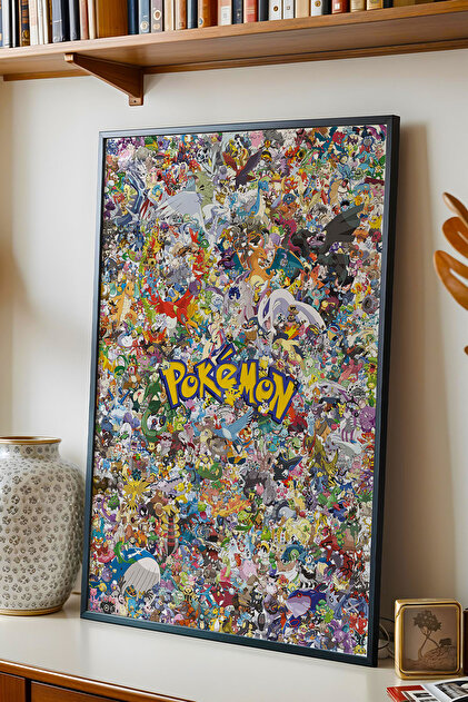 Pokemon Tüm Karakterler Dev Kolaj Çerçeveli Tablo - Lüks Anime Karakterleri Duvar Dekoru Poster