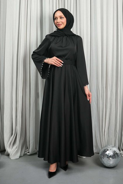 Black Satin Evening Dress with Stone Sleeves and Belt