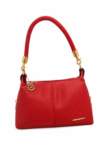 Women's Red Shoulder and Crossbody Bag - Real Leather Bag with Gold Detail (Width 23 Length 14 cm)