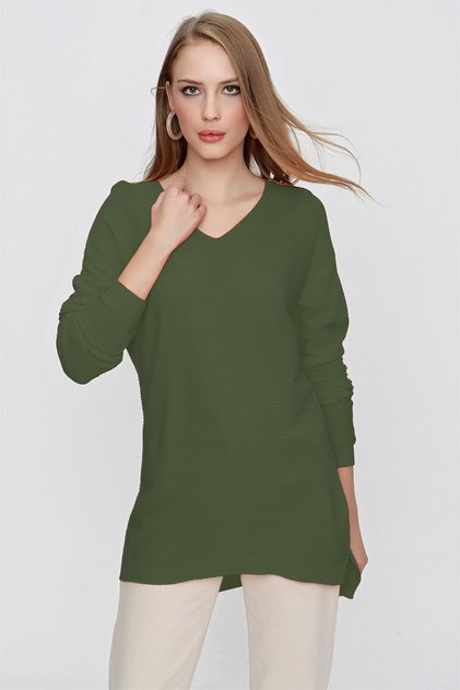 Women's Olive Green V-Neck Casual Knit Sweater