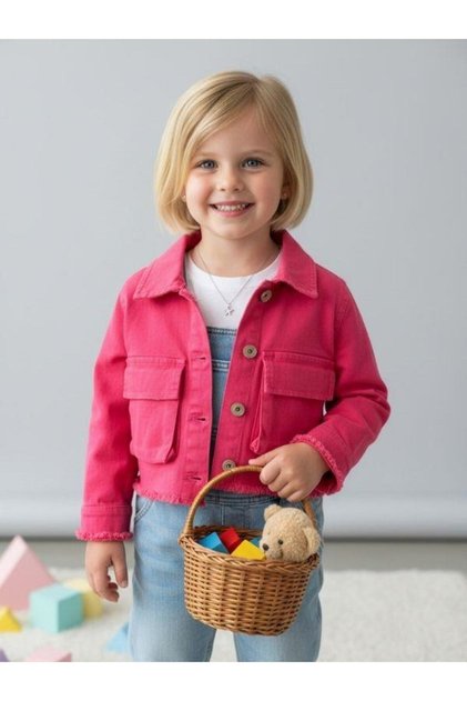 Girls' Soft Textured Big Pocket Short Denim Jacket