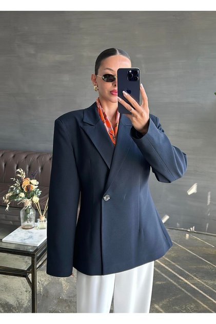 Lacivert Vatkalı Belden Oturtma Blazer Ceket - 251004