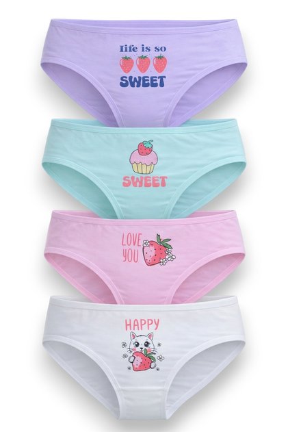 Girl's Cotton Panties, Pack of 4, Cute Patterned, Soft Waistband, Elastic, Breathable Fabric, Clear