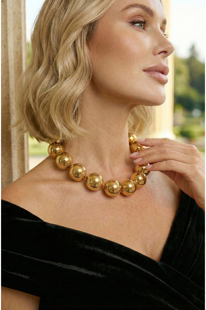Büyük Gold Top Kolye, Abiye Kolye, Choker Kolye, Tasarım Kolye, Şık Kolye, Gold Kolye, Altın Kolye