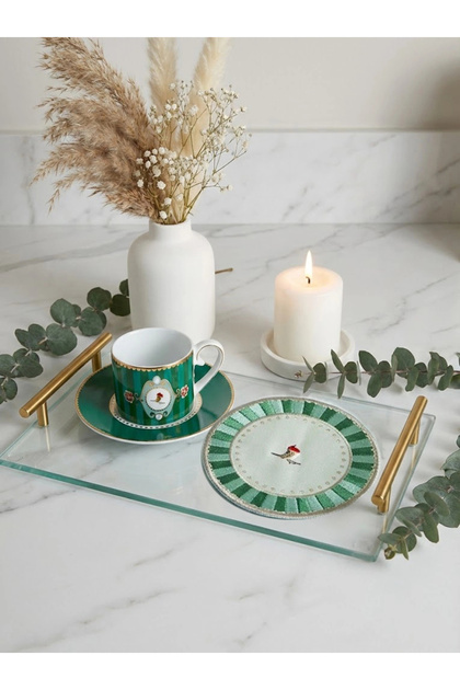 Pack of 2 Embroidered Bird Pattern Round Cocktail Napkins - Pip Studio Compatible Green Presentation Napkin 15cm