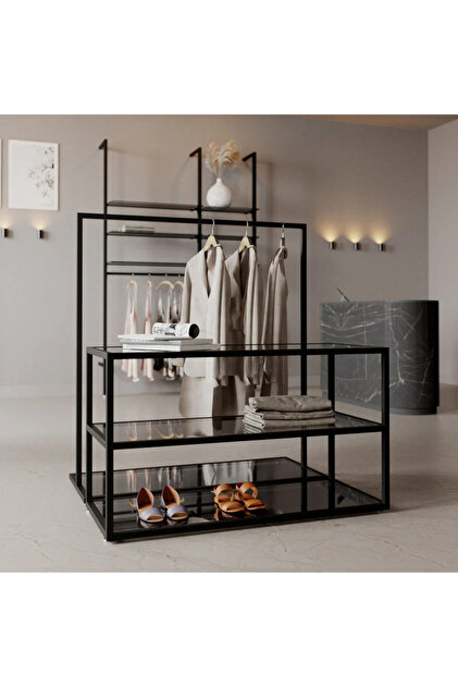 Butik İkili Askılık Mağaza Ayaklı Standı MDF Bazalı Askılık Siyah/Siyah Mdf