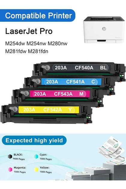 مجموعة خراطيش حبر 203A متوافقة مع HP CF540A CF541A CF542A CF543A - تعمل مع طابعات HP LaserJet Pro M254dw M254nw M280nw M281fdw M281fdn - مجموعة حبر طابعة HP 203A (4 ألوان)