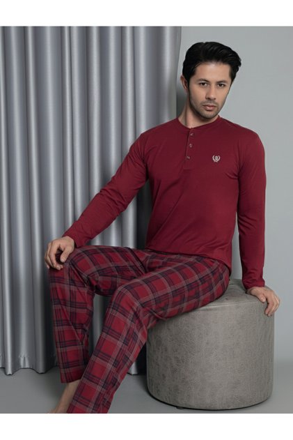 Poylin Homewear Erkek Bordo %100 Pamuk Ekoseli Mevsimlik(İnce) Pijama Takımı