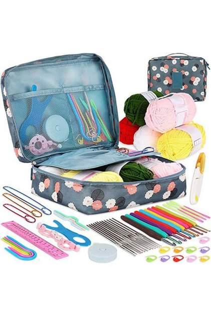 59-Piece Kids Crochet Set, Yarn Hooks Storage Case with Instructions for Beginners Blue