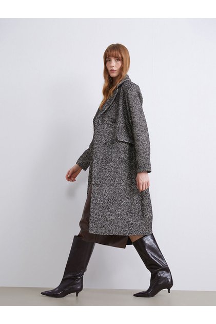 Two Mt Shop Quality Lcwaikiki Classic Black Jacket with Herringbone Pattern Women's Cashmere Coat