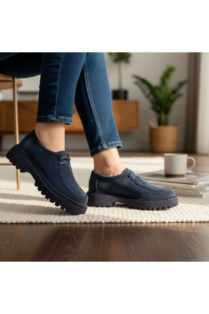 Navy Blue Suede Genuine Leather Lace-Up Navy Blue Sole Women's Daily Casual Shoes