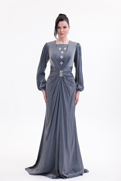 Taş Detaylı Drape Gövdeli Uzun Kollu Premium Abiye Elbise