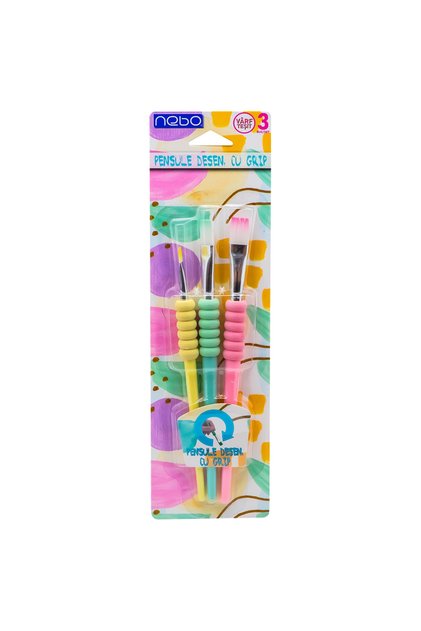 Pensule de desen, cu prindere, culori pastelate, vârf teșit, set 3 buc. -