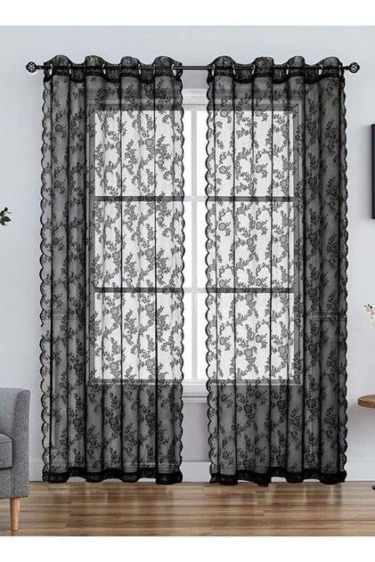 2-Panel Rose Lace Sheer Curtains, Light Filtering Grommet Top for Bedroom Black