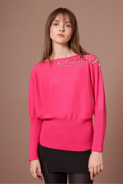 Women's Stone Embellished Bat Sleeve Sweater Fuchsia 25017