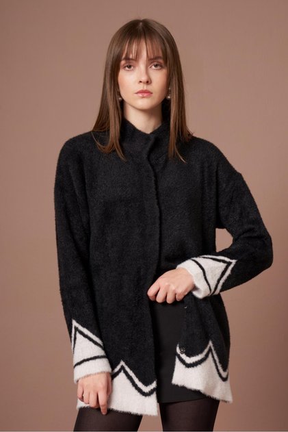Women's Comfortable Cut Patterned Beard Cardigan Black 25204