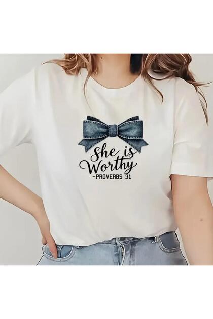 Women's Bow Printed Crew Neck Short Sleeve Plain White Tshirt