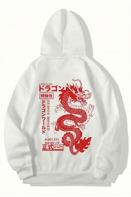 Unisex Oversized Red Printed Dragon World Hoodie (White)