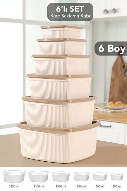 6-Piece Striped Square Storage Container Set - Microwave Safe Organizer Food Container 6 Sizes Beige