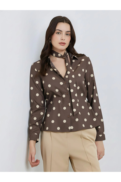 Women Brown Polka Dot Tie-Waist Shirt