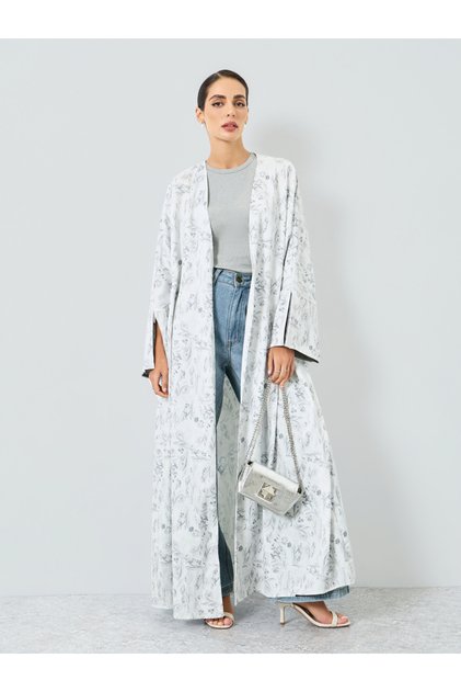 Women Floral Printed Slit Sleeve Abaya