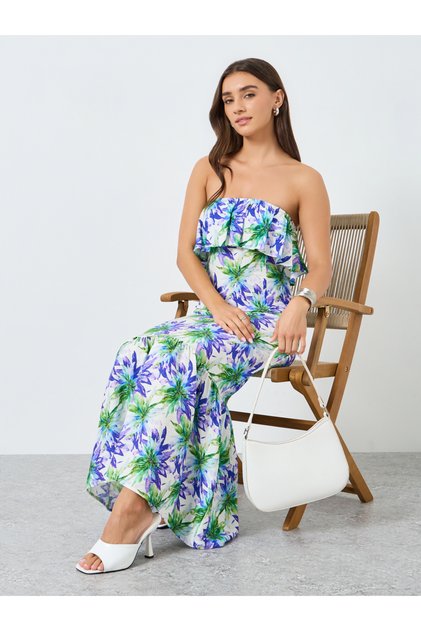 Women Floral Print Strapless Maxi Dress