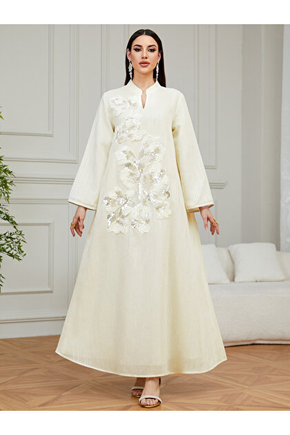 Women Beige Sequin Embroidered Jalabiya