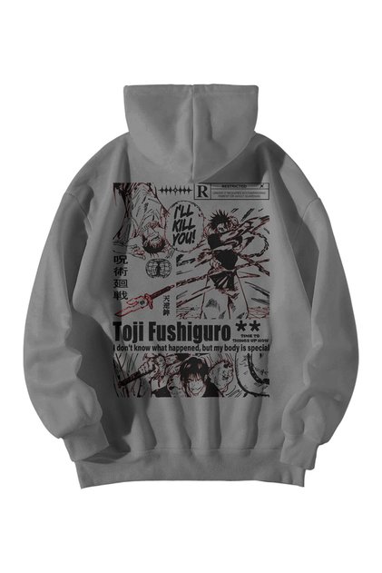 Unisex Anthracite Oversized Hoodie - Toji Fushiguro Anime Printed 3 Thread Streetwear Sweatshirt