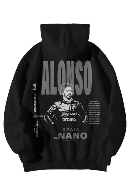 Unisex Black Oversized Hoodie - F1 Bang Fernando Alonso Printed 3 Thread Streetwear Sweatshirt