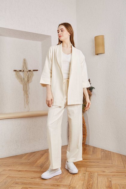 Women's Belted Oversized Jacket Loose Trousers Ecru Two-Piece Set