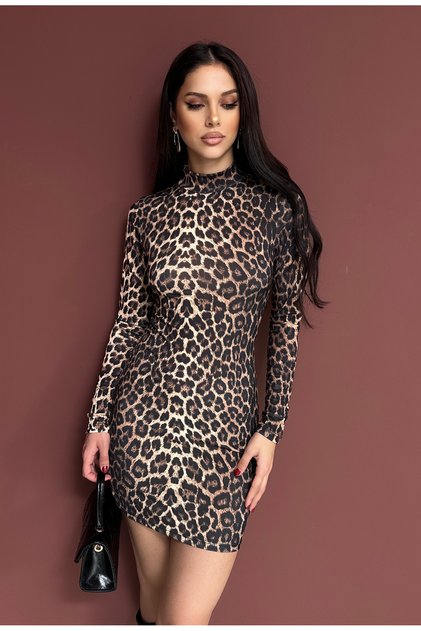Women's Leopard Print Stand-Up Collar Long Sleeve Mini Dress