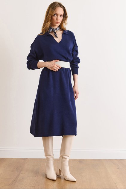 Women's Navy Blue Polo Neck Midi Knit Dress Elb-19002582