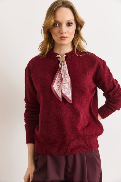 Women's Burgundy Scarf Detailed Soft Textured Knitwear Sweater Kzk-19001132