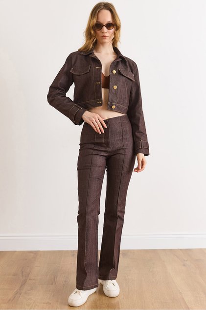 Women's Brown Top Lined Jacket Bottom Stitching Detail Pants Denim Suit Tkm-19000471