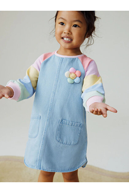 Pastel Rainbow - Pumpkin Print Patterned Raglan Denim Dress