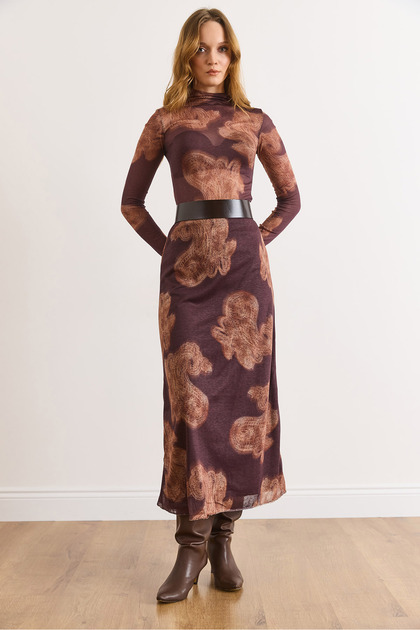 Women's Brown Lined Patterned Tulle Skirt Etk-19000385