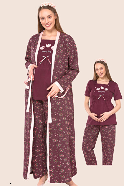 Pamuklu Lohusa Hamile Uzun Sabahlıklı Pijama Takım