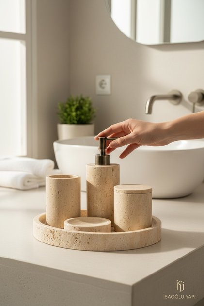 Antique Gold Travertine Washbasin Set 5 Piece Natural Bathroom Set First Quality Marble