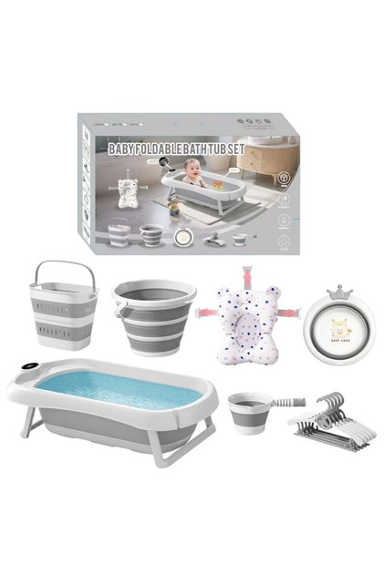Katlanır Bebek Yıkama Banyo Küveti Seti 7 Parça Termometreli Yastıklı Katlanabilir Banyo Seti