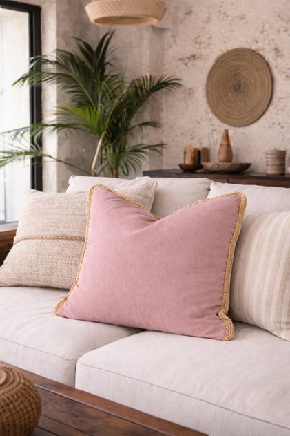 Keten Jut Dogal Pembe Kirlent Kılıfı
