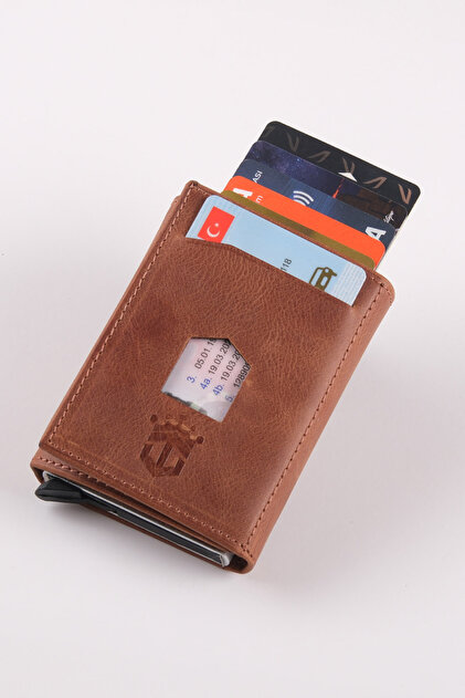 Genuine Leather Crazy Leather Men's Wallet with Automatic Card Holder Mechanism Tan Snap Fastener