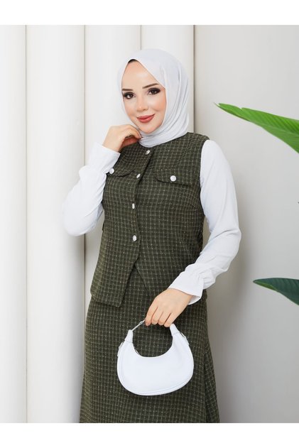 Women's Ecru Buttoned Hijab Two-Piece Set (Vest + Long Skirt)