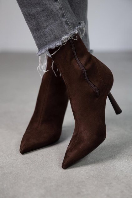 Kahverengi Süet Streç Bot Kadın İnce Stiletto Topuk Yandan Fermuarlı Rahat Günlük 7 Cm Topuklu Bot