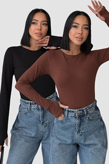 Women's 2-Piece Crew Neck Black Brown Basic Body Fitted Cotton Finger Detail Blouse
