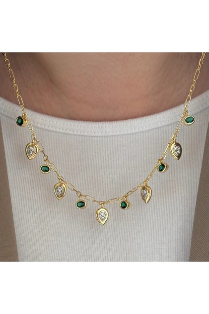 Emerald Green Stone Detailed Drop Necklace